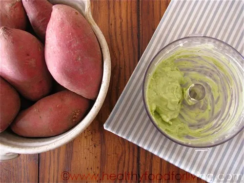 Baked Sweet Potatoes with Avocado & Goat Cheese Cream
