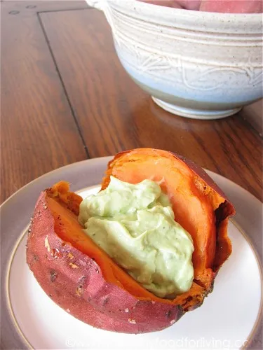 Baked Sweet Potatoes with Avocado & Goat Cheese Cream