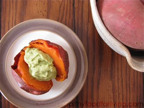 Baked Sweet Potatoes with Avocado & Goat Cheese Cream