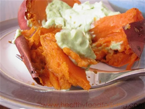 Baked Sweet Potatoes with Avocado & Goat Cheese Cream