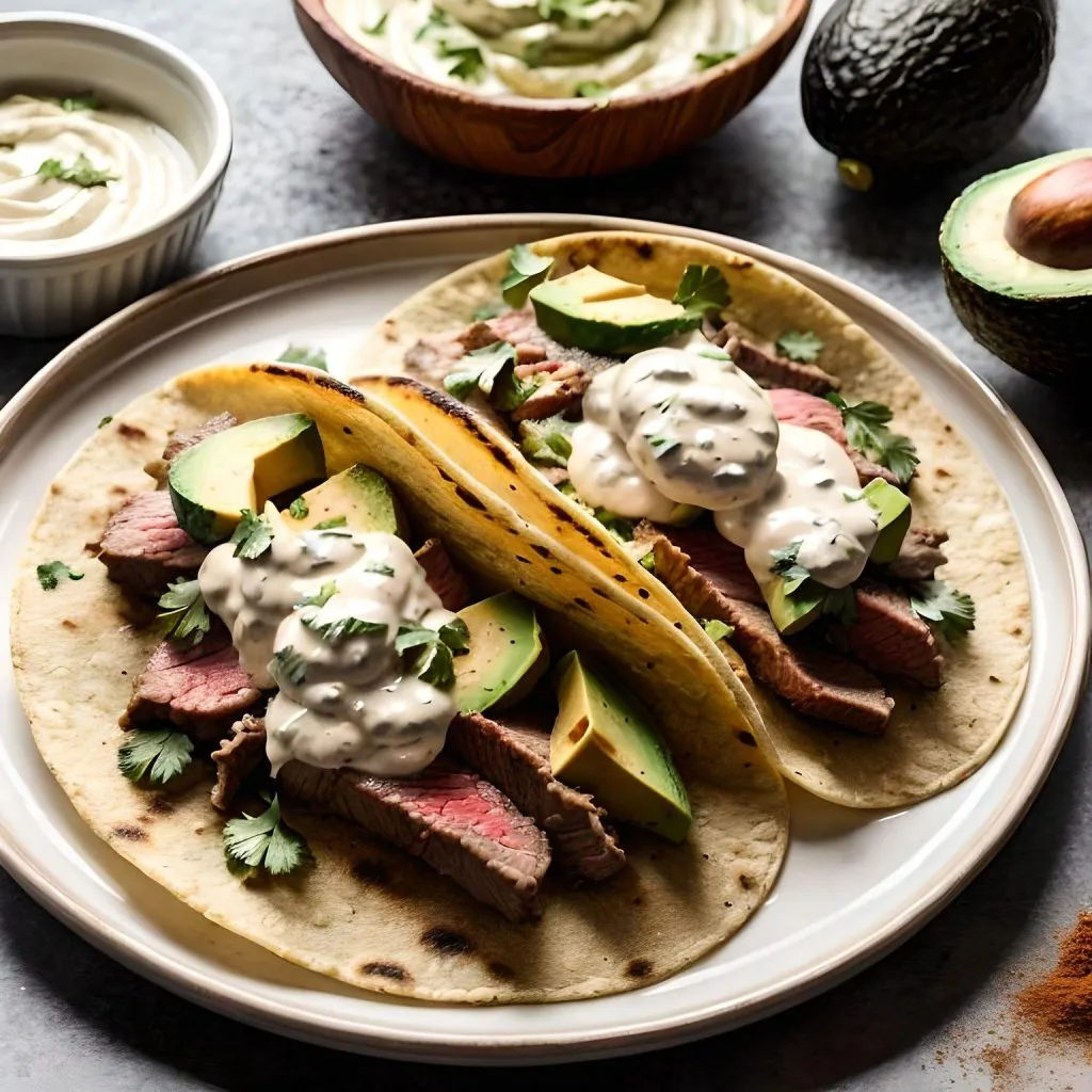 Beef Tacos with Avocado Cream