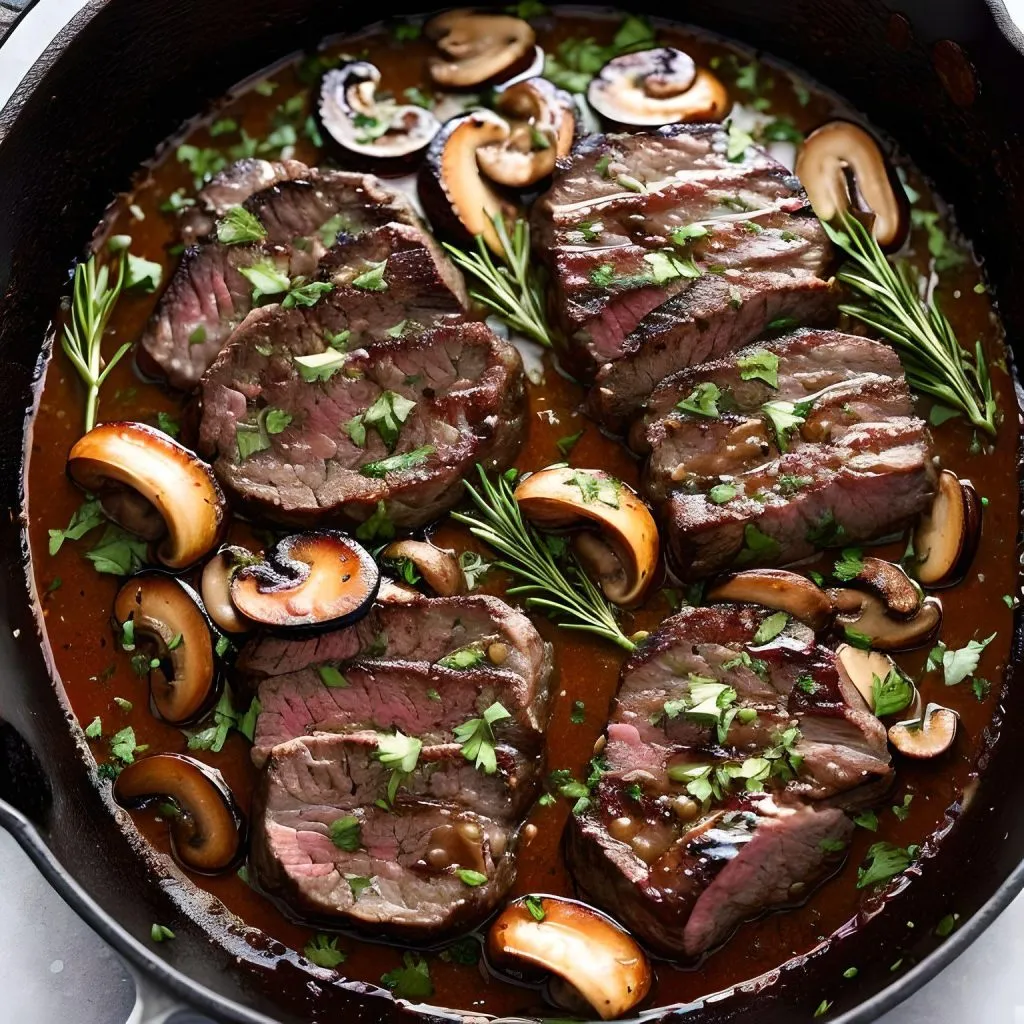 Mushroom and Red Wine Sauce Round Bottom Steak