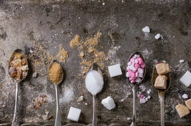 different varieties of sugar on different spoons
