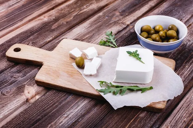 feta cheese on the wooden board