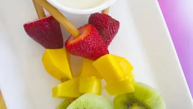Rainbow Fruit Skewers with Banilla Dipping Sauce from The Kid’s Daily Plate