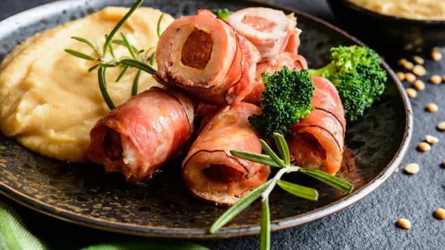 Prosciutto-Wrapped Pork Chops with Caramelized Pear Salad