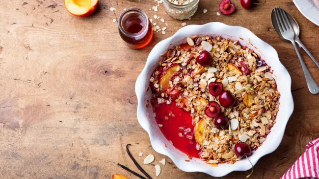 Baked Cherries and Peaches with Oat Topping — A Light Dessert or Breakfast Treat