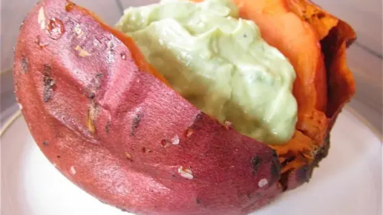 Baked Sweet Potatoes with Avocado & Goat Cheese Cream