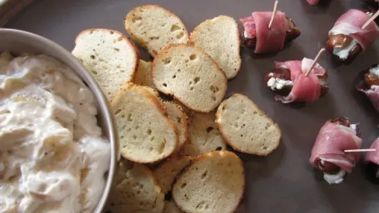 Caramelized Onion & Yogurt Dip + Prosciutto-Wrapped Stuffed Dates
